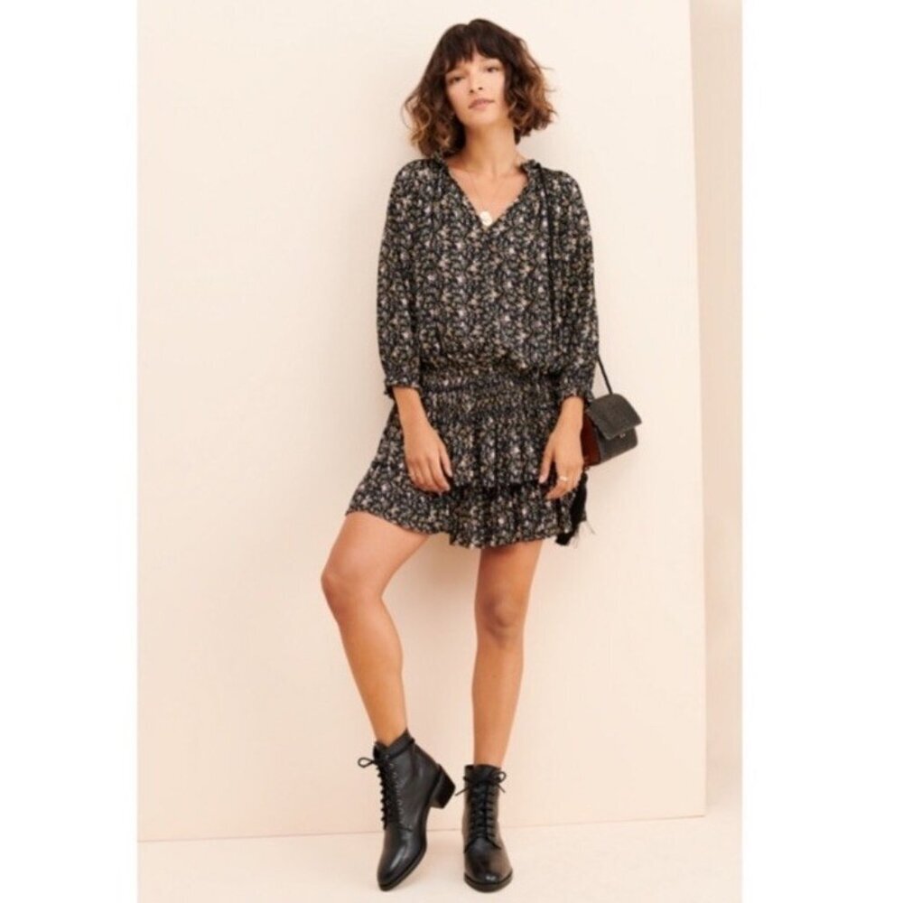 Current Air Black Smocked Ditsy Floral Anthropologie Long Sleeve Dress Sz M Boho